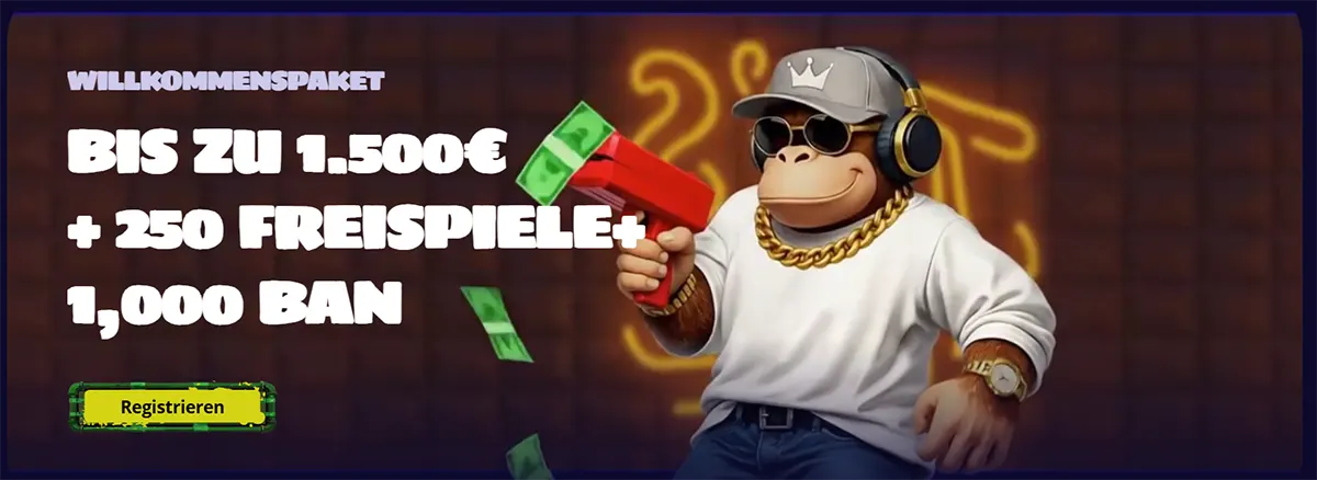 German casino welcome package banner offering up to €1,500, 250 free spins, and 1,000 BAN, with a green registration button and a cartoon monkey wearing sunglasses, headphones, and gold chains.