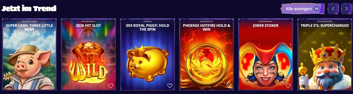 German trending casino games section featuring Super Cash: Three Little Wins, 2026 Hit Slot, 3x3 Royal Piggy: Hold the Spin, Phoenix Hotfire Hold & Win, Joker Stoker, and Triple 5’s: Supercharged on a dark interface.