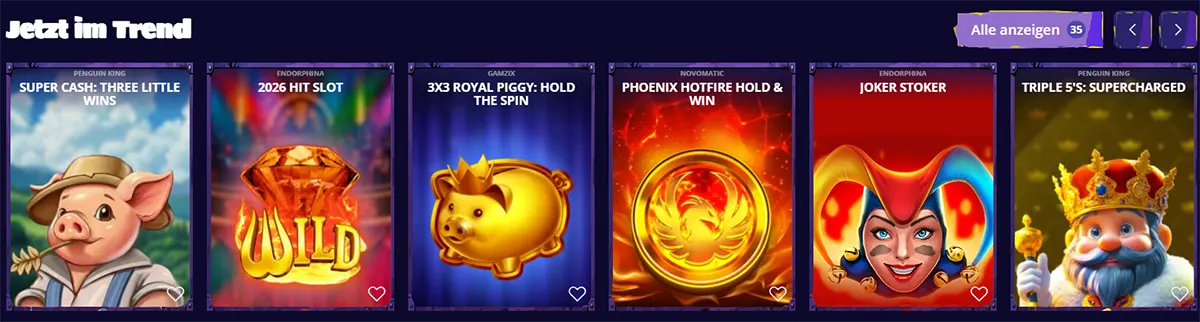 German trending casino games section featuring Super Cash: Three Little Wins, 2026 Hit Slot, 3x3 Royal Piggy: Hold the Spin, Phoenix Hotfire Hold & Win, Joker Stoker, and Triple 5’s: Supercharged on a dark interface.