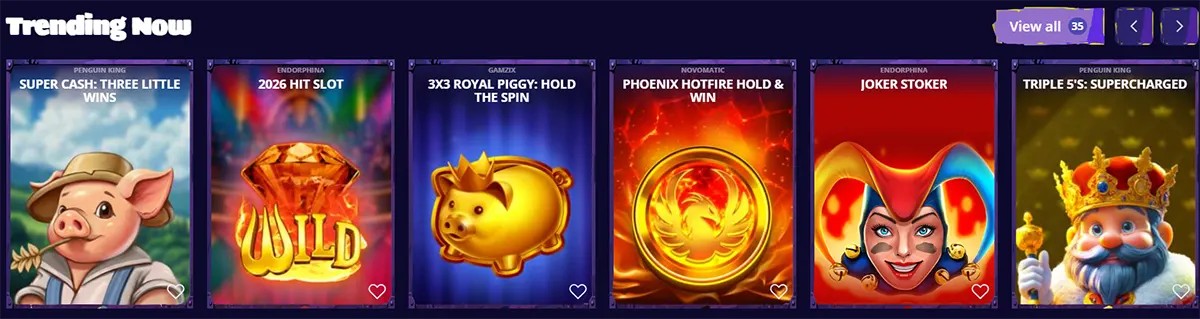 Trending casino games section featuring Super Cash: Three Little Wins, 2026 Hit Slot, 3x3 Royal Piggy: Hold the Spin, Phoenix Hotfire Hold & Win, Joker Stoker, and Triple 5’s: Supercharged.