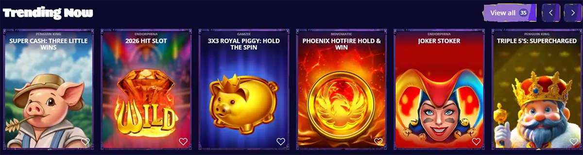 Trending casino games section featuring Super Cash: Three Little Wins, 2026 Hit Slot, 3x3 Royal Piggy: Hold the Spin, Phoenix Hotfire Hold & Win, Joker Stoker, and Triple 5’s: Supercharged.