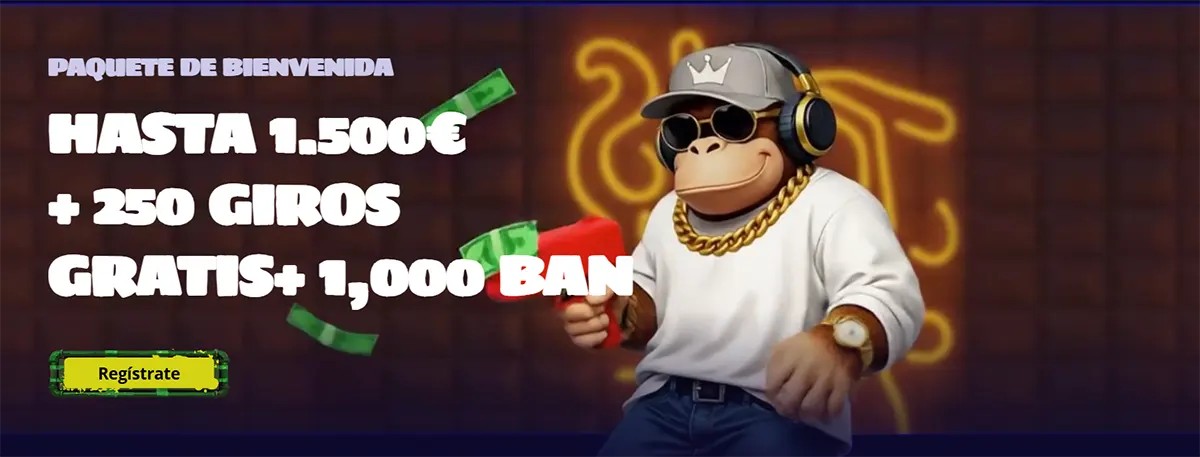 Spanish casino welcome package banner offering up to €1,500, 250 free spins, and 1,000 BAN, with a green registration button and a cartoon monkey wearing sunglasses, headphones, and gold chains.