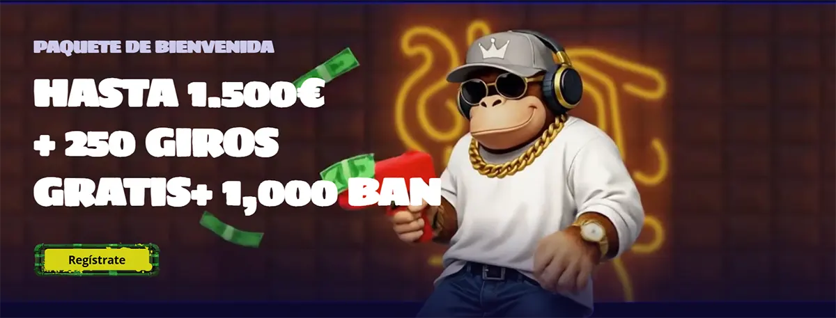 Spanish casino welcome package banner offering up to €1,500, 250 free spins, and 1,000 BAN, with a green registration button and a cartoon monkey wearing sunglasses, headphones, and gold chains.