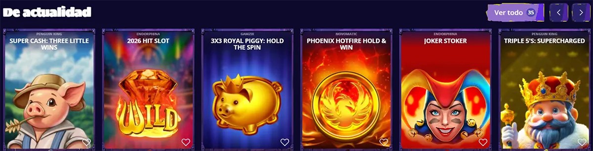 Spanish trending casino games section featuring Super Cash: Three Little Wins, 2026 Hit Slot, 3x3 Royal Piggy: Hold the Spin, Phoenix Hotfire Hold & Win, Joker Stoker, and Triple 5’s: Supercharged on a dark interface.