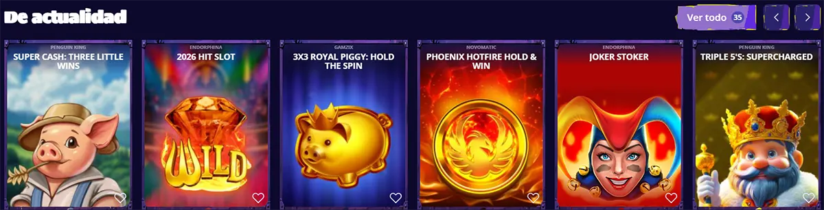 Spanish trending casino games section featuring Super Cash: Three Little Wins, 2026 Hit Slot, 3x3 Royal Piggy: Hold the Spin, Phoenix Hotfire Hold & Win, Joker Stoker, and Triple 5’s: Supercharged on a dark interface.