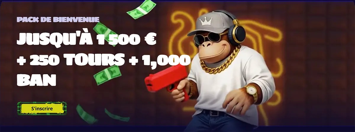 French casino welcome package banner offering up to €1,500, 250 spins, and 1,000 BAN, with a yellow sign-up button and a cartoon monkey wearing sunglasses, headphones, and gold chains.
