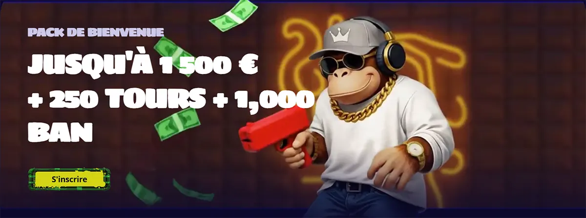 French casino welcome package banner offering up to €1,500, 250 spins, and 1,000 BAN, with a yellow sign-up button and a cartoon monkey wearing sunglasses, headphones, and gold chains.