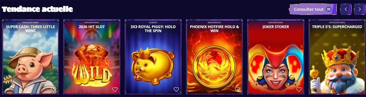 French trending casino games section featuring Super Cash: Three Little Wins, 2026 Hit Slot, 3x3 Royal Piggy: Hold the Spin, Phoenix Hotfire Hold & Win, Joker Stoker, and Triple 5’s: Supercharged on a dark interface.
