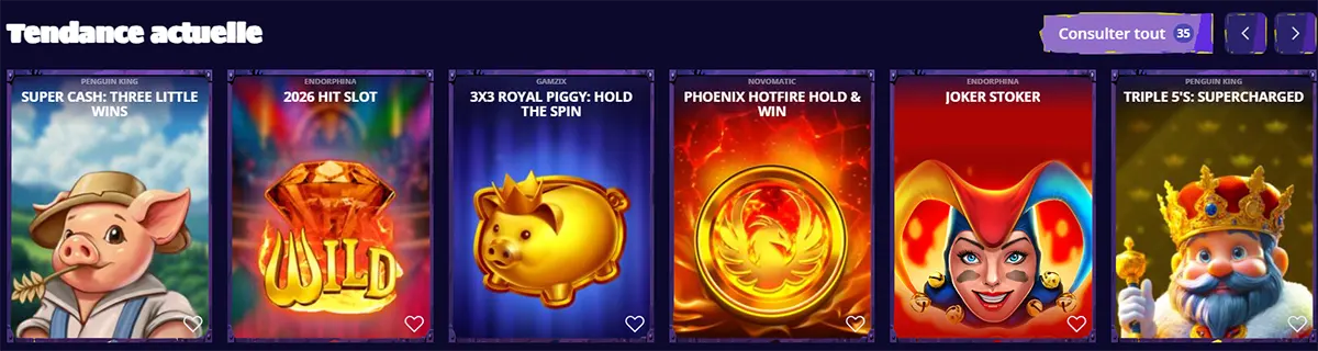 French trending casino games section featuring Super Cash: Three Little Wins, 2026 Hit Slot, 3x3 Royal Piggy: Hold the Spin, Phoenix Hotfire Hold & Win, Joker Stoker, and Triple 5’s: Supercharged on a dark interface.