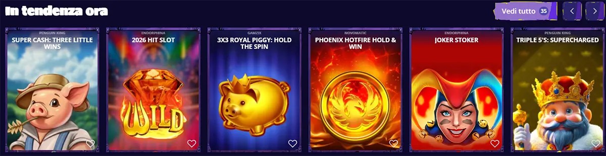 Italian trending casino games section featuring Super Cash: Three Little Wins, 2026 Hit Slot, 3x3 Royal Piggy: Hold the Spin, Phoenix Hotfire Hold & Win, Joker Stoker, and Triple 5’s: Supercharged on a dark interface.