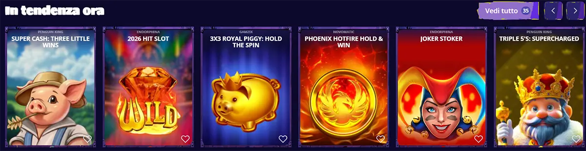 Italian trending casino games section featuring Super Cash: Three Little Wins, 2026 Hit Slot, 3x3 Royal Piggy: Hold the Spin, Phoenix Hotfire Hold & Win, Joker Stoker, and Triple 5’s: Supercharged on a dark interface.