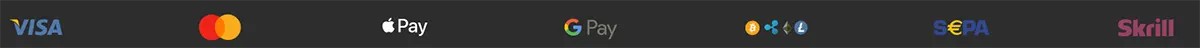 Payment methods banner on a dark background featuring Visa, Mastercard, Apple Pay, Google Pay, cryptocurrency, SEPA, and Skrill logos.