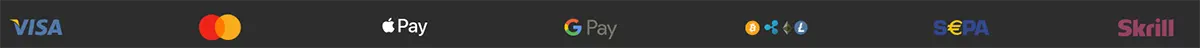 Payment methods banner on a dark background featuring Visa, Mastercard, Apple Pay, Google Pay, cryptocurrency, SEPA, and Skrill logos.