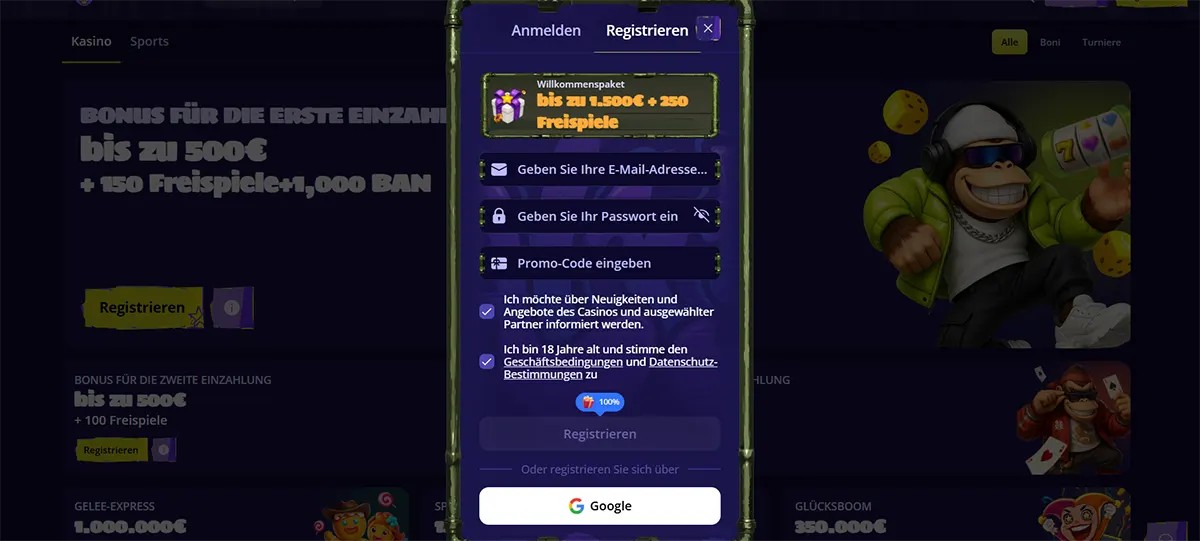 German casino registration popup with a welcome package up to €1,500 plus 250 free spins, email and password fields, promo code entry, consent checkboxes, and Google sign-up option over a dark promotions page.