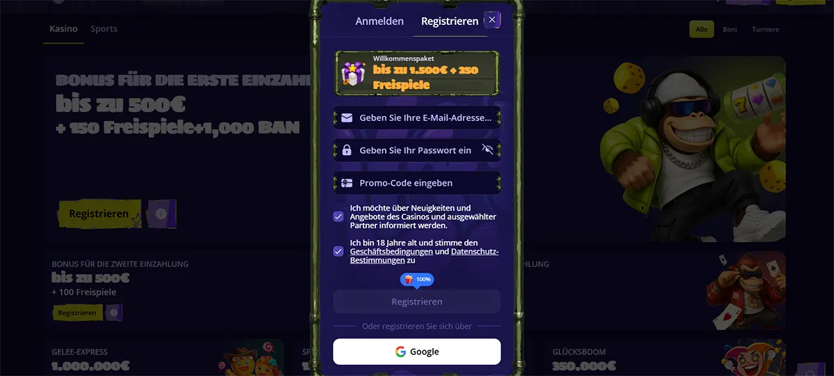 German casino registration popup with a welcome package up to €1,500 plus 250 free spins, email and password fields, promo code entry, consent checkboxes, and Google sign-up option over a dark promotions page.