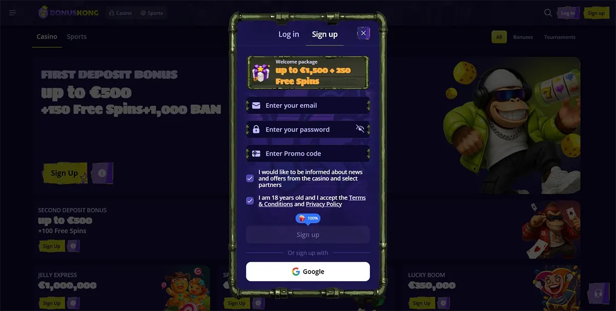Casino sign-up popup with email and password fields, promo code entry, consent checkboxes, Google sign-up option, and a welcome package up to €1,500 plus 250 free spins over a dark promotions page.