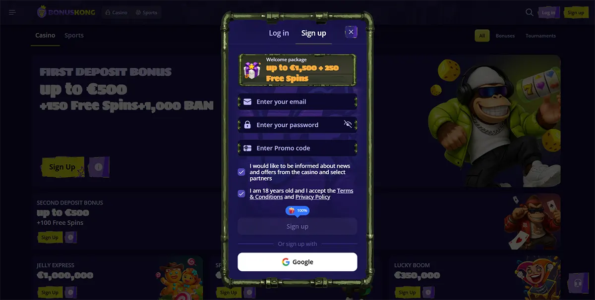 Casino sign-up popup with email and password fields, promo code entry, consent checkboxes, Google sign-up option, and a welcome package up to €1,500 plus 250 free spins over a dark promotions page.