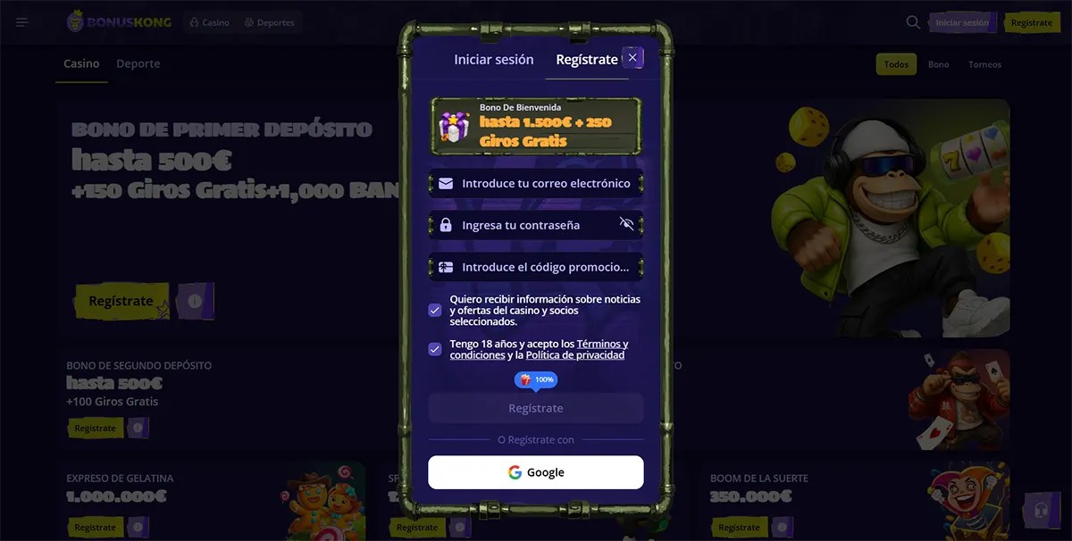 Spanish casino registration popup with a welcome bonus up to €1,500 plus 250 free spins, email and password fields, promo code entry, consent checkboxes, and Google sign-up option over a dark promotions page.