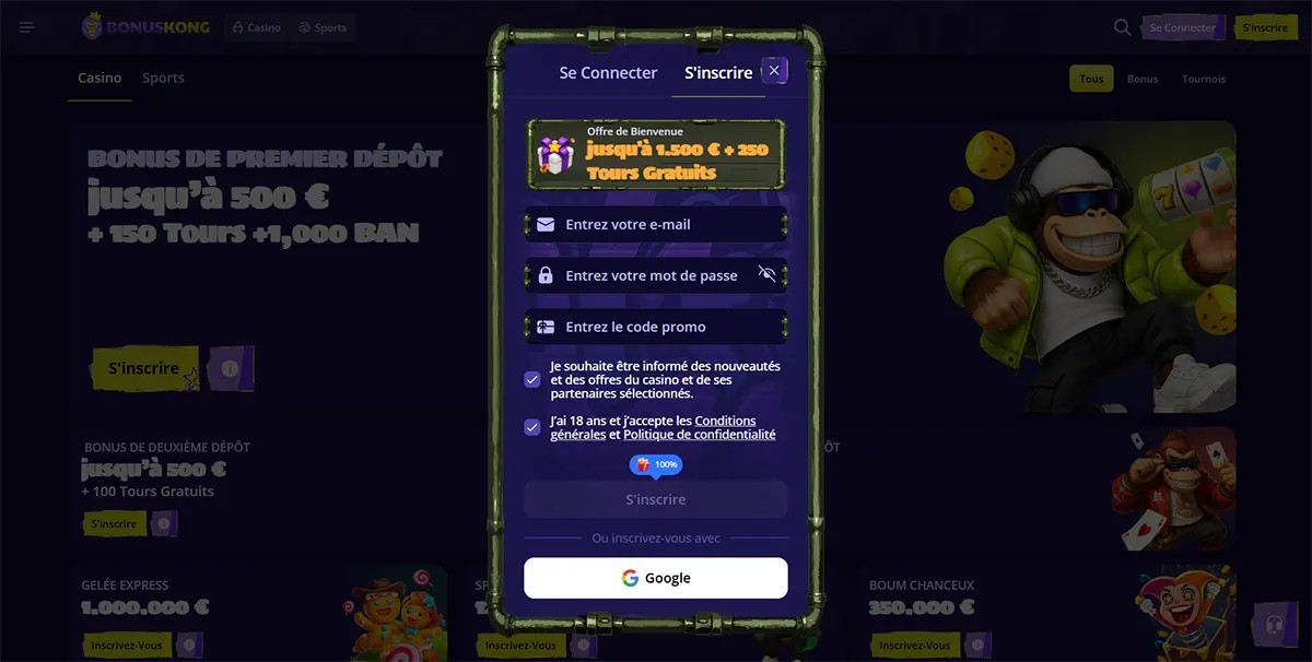 French casino registration popup with a welcome offer up to €1,500 plus 250 free spins, email and password fields, promo code entry, consent checkboxes, and Google sign-up option over a dark promotions page.
