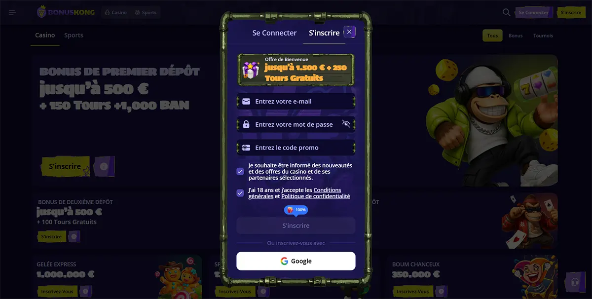 French casino registration popup with a welcome offer up to €1,500 plus 250 free spins, email and password fields, promo code entry, consent checkboxes, and Google sign-up option over a dark promotions page.
