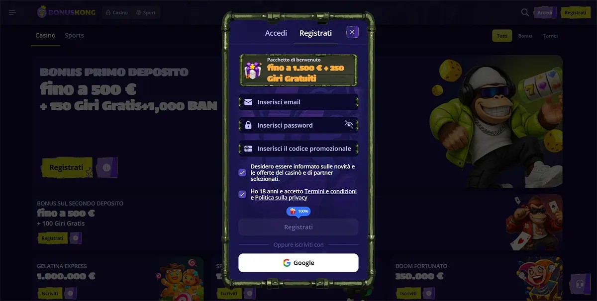 Italian casino registration popup with a welcome package up to €1,500 plus 250 free spins, email and password fields, promo code entry, consent checkboxes, and Google sign-up option over a dark promotions page.