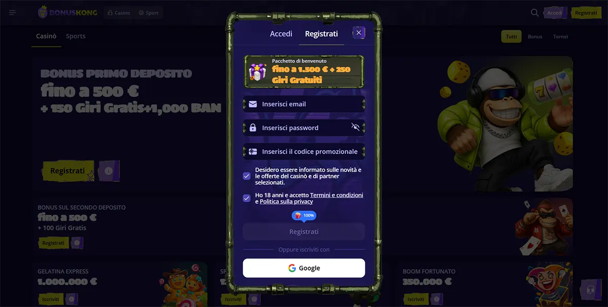 Italian casino registration popup with a welcome package up to €1,500 plus 250 free spins, email and password fields, promo code entry, consent checkboxes, and Google sign-up option over a dark promotions page.